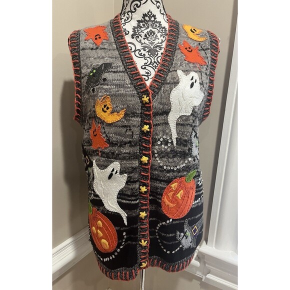 NWOT VTG Tiara International Novelty Halloween Ghost Pumpkin Sweater Vest Sz M - Picture 1 of 14